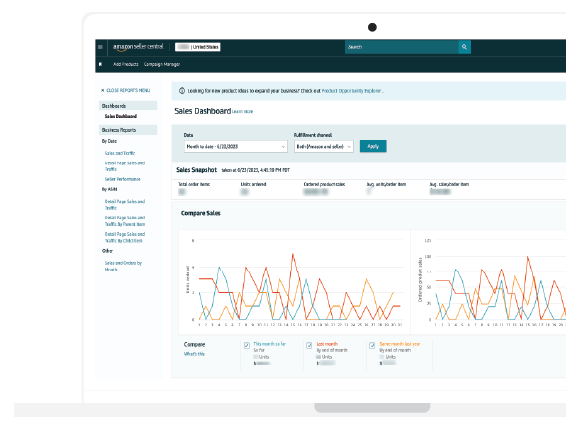 eCommerce seller account management dashboard with revenue insights